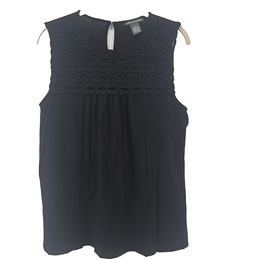 Chelsea & Theodore Large Black Cotton Jersey Crocheted Yolk Tank Top